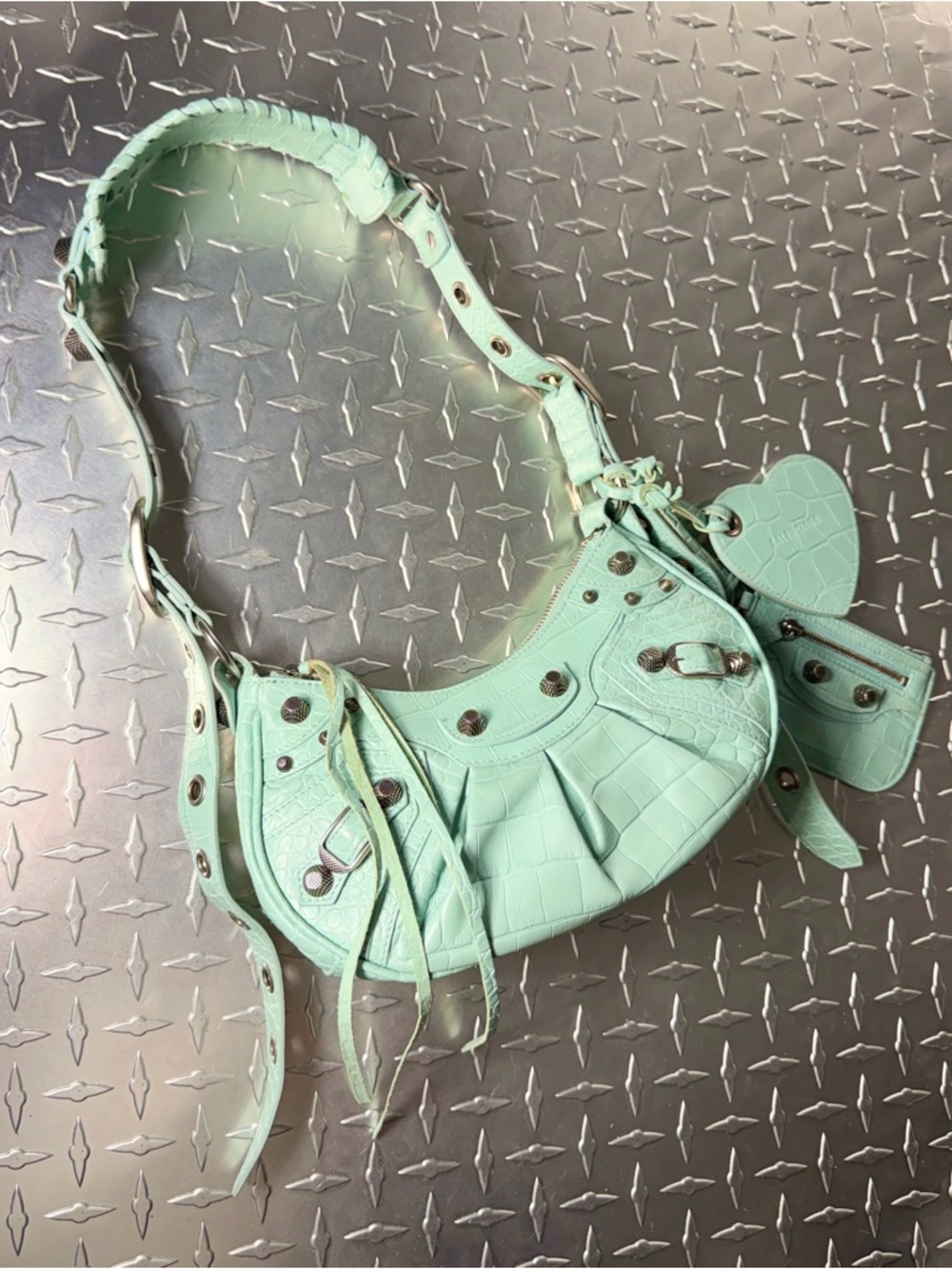 Balenciaga Supple Calfskin Croc Embossed Le Cagole Shoulder Bag in Green Aqua - Picture 3 of 11